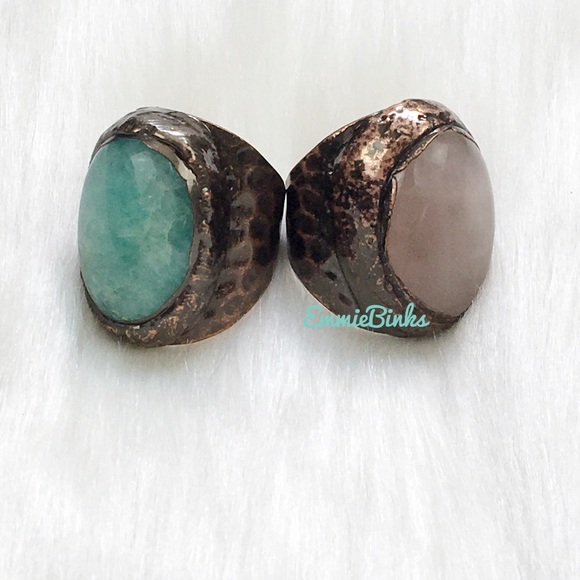 New Natural Rose Quartz & Textured Copper Statement Cocktail Ring - Picture 14 of 16
